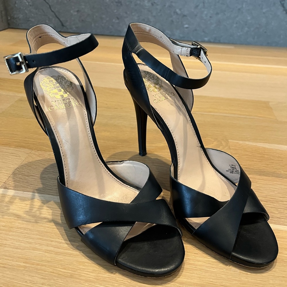 Vince Camuto Black Leather Strappy Heels